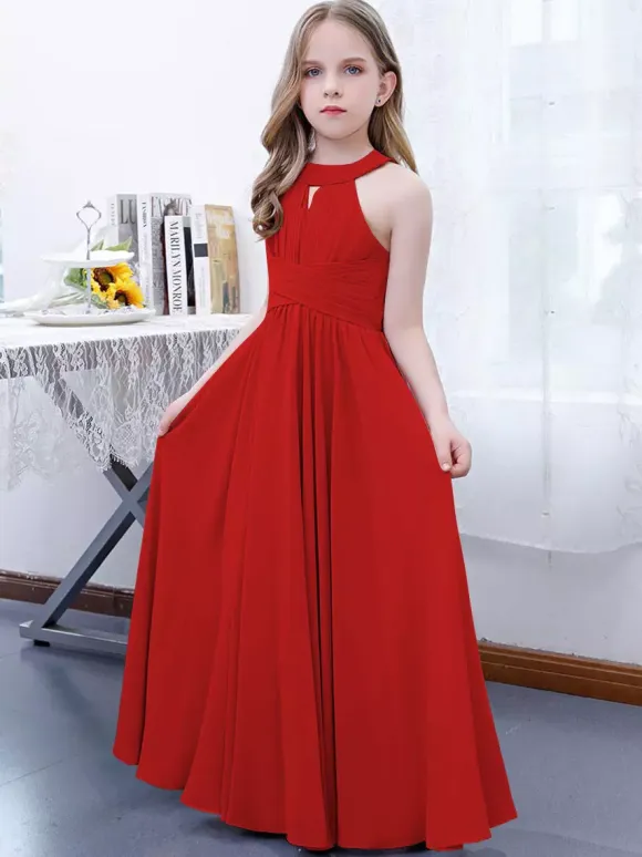 Lotus Pink Flower Girl Dress Chiffon Pleated Halter Sleeveless Kids Birthday Party Dresses