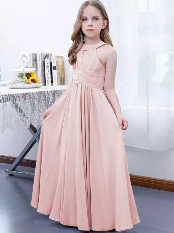 Lotus Pink Flower Girl Dress Chiffon Pleated Halter Sleeveless Kids Birthday Party Dresses