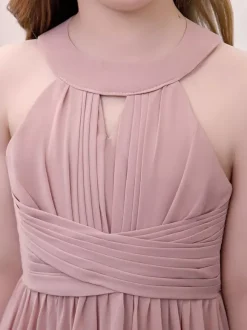 Lotus Pink Flower Girl Dress Chiffon Pleated Halter Sleeveless Kids Birthday Party Dresses