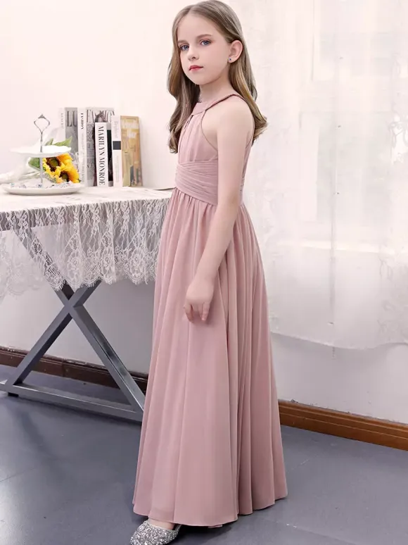Lotus Pink Flower Girl Dress Chiffon Pleated Halter Sleeveless Kids Birthday Party Dresses