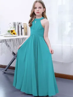 Lotus Pink Flower Girl Dress Chiffon Pleated Halter Sleeveless Kids Birthday Party Dresses