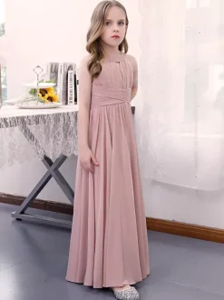 Lotus Pink Flower Girl Dress Chiffon Pleated Halter Sleeveless Kids Birthday Party Dresses