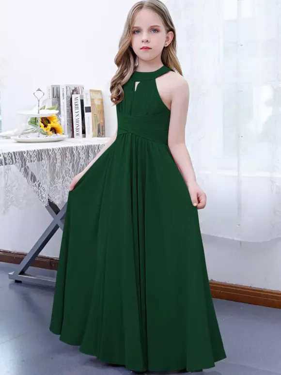 Lotus Pink Flower Girl Dress Chiffon Pleated Halter Sleeveless Kids Birthday Party Dresses
