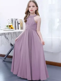 Lotus Pink Flower Girl Dress Chiffon Pleated Halter Sleeveless Kids Birthday Party Dresses
