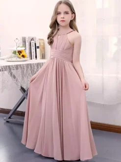 Lotus Pink Flower Girl Dress Chiffon Pleated Halter Sleeveless Kids Birthday Party Dresses