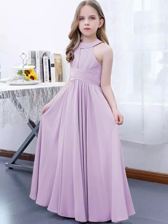 Lotus Pink Flower Girl Dress Chiffon Pleated Halter Sleeveless Kids Birthday Party Dresses