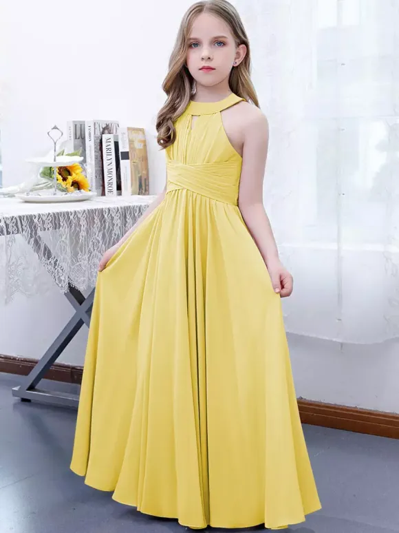 Lotus Pink Flower Girl Dress Chiffon Pleated Halter Sleeveless Kids Birthday Party Dresses