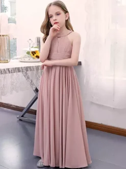 Lotus Pink Flower Girl Dress Chiffon Pleated Halter Sleeveless Kids Birthday Party Dresses
