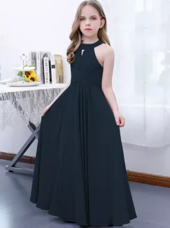Lotus Pink Flower Girl Dress Chiffon Pleated Halter Sleeveless Kids Birthday Party Dresses