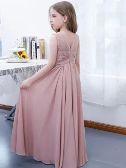 Lotus Pink Flower Girl Dress Chiffon Pleated V-Neck Sleeveless Kids Birthday Party Dresses