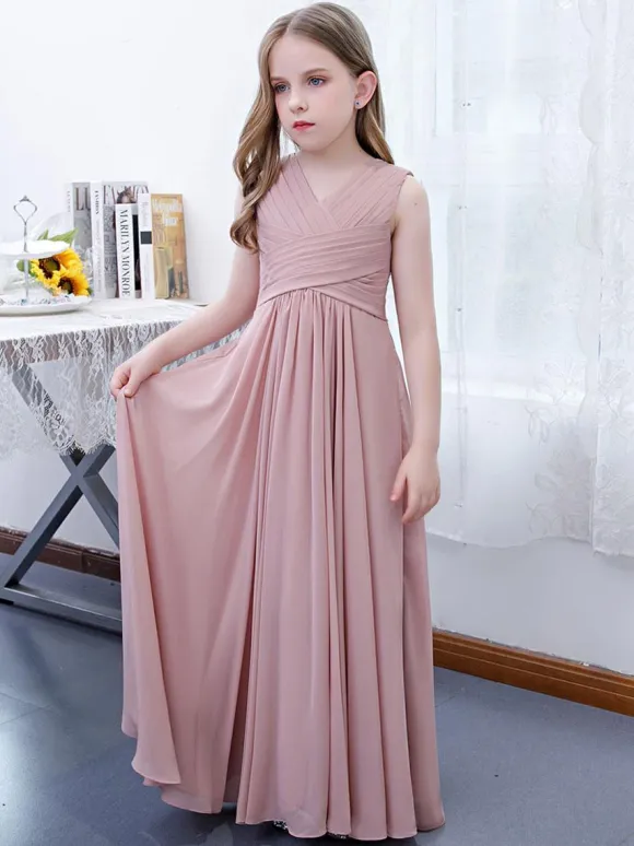 Lotus Pink Flower Girl Dress Chiffon Pleated V-Neck Sleeveless Kids Birthday Party Dresses