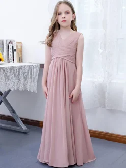 Lotus Pink Flower Girl Dress Chiffon Pleated V-Neck Sleeveless Kids Birthday Party Dresses