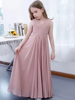 Lotus Pink Flower Girl Dress Chiffon Pleated V-Neck Sleeveless Kids Birthday Party Dresses
