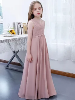 Lotus Pink Flower Girl Dress Chiffon Pleated V-Neck Sleeveless Kids Birthday Party Dresses