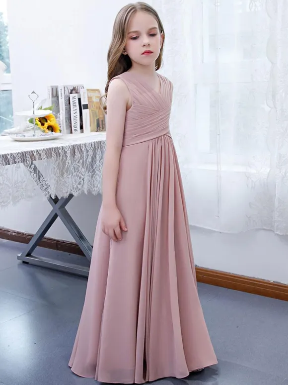 Lotus Pink Flower Girl Dress Chiffon Pleated V-Neck Sleeveless Kids Birthday Party Dresses