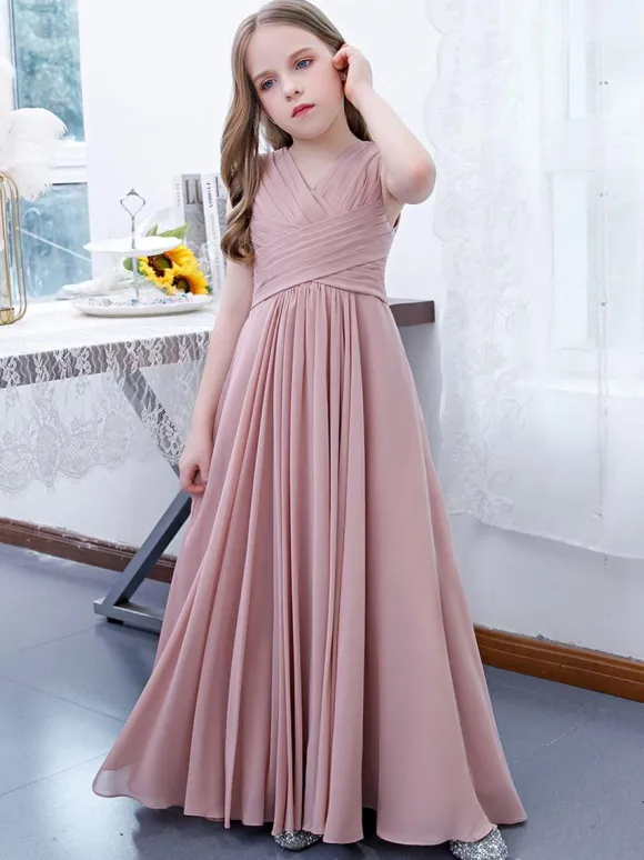 Lotus Pink Flower Girl Dress Chiffon Pleated V-Neck Sleeveless Kids Birthday Party Dresses