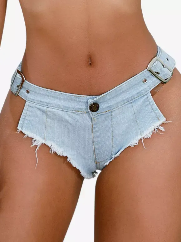 Low Rise Fringed Denim Hot Shorts Adjustable Buckle Raw Hem Micro Mini Shorts