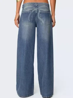 Low Rise Wide Leg Baggy Jeans For Women - Medium Wash Vintage Y2K Loose Fit Denim - Summer Casual Streetwear 2026