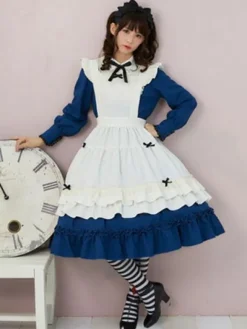 Maiden Style Lolita OP Dress Bow Ruffle Blue Lolita One Piece Dress With Apron