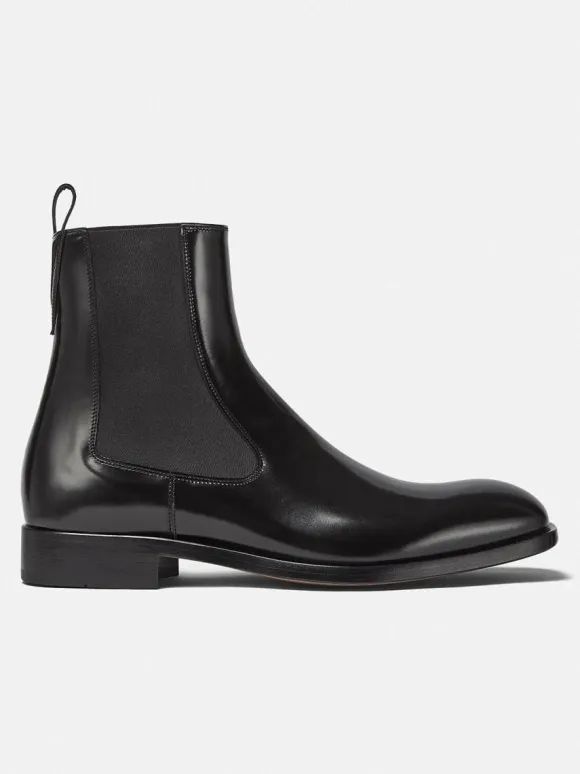 Mans Chelsea Boots Black Cowhide Round Toe Slip On Short boots