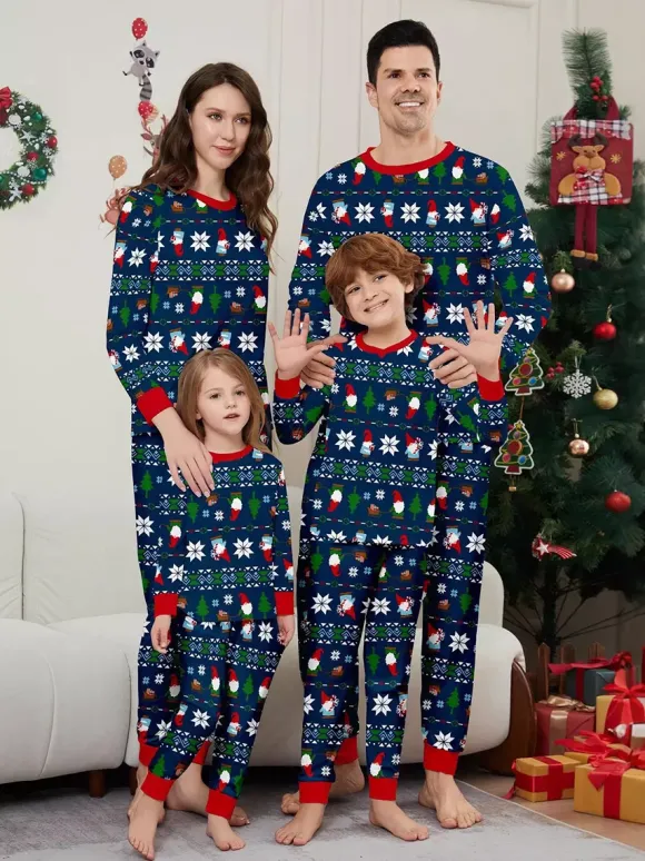 Matching Family Christmas Print Pajamas In Deep Navy And Red Trim 2026