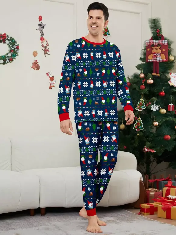 Matching Family Christmas Print Pajamas In Deep Navy And Red Trim 2026