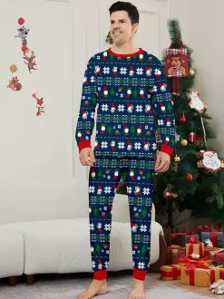 Matching Family Christmas Print Pajamas In Deep Navy And Red Trim 2026