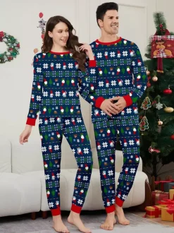 Matching Family Christmas Print Pajamas In Deep Navy And Red Trim 2026
