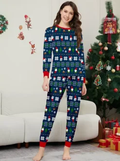 Matching Family Christmas Print Pajamas In Deep Navy And Red Trim 2026