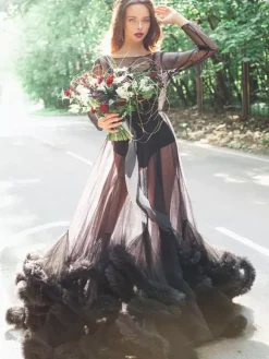 Maternity Black Wedding Dress Jewel Neck Long Sleeves Tulle Long Bridge Gowns With Train Free Customization