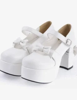 Matte Black Lolita Chunky Heels Shoes Platform Bows Decor Buckle