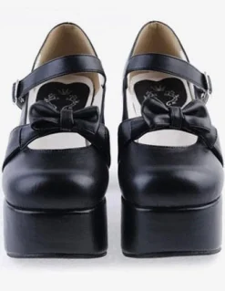 Matte Black Lolita Chunky Heels Shoes Platform Bows Decor Buckle