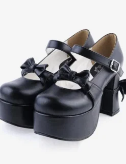 Matte Black Lolita Chunky Heels Shoes Platform Bows Decor Buckle