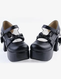 Matte Black Lolita Chunky Heels Shoes Platform Bows Decor Buckle