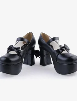 Matte Black Lolita Chunky Heels Shoes Platform Bows Decor Buckle