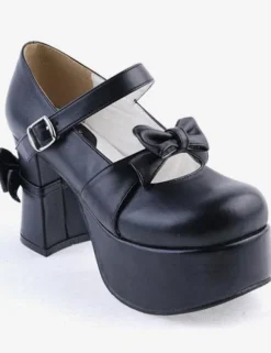 Matte Black Lolita Chunky Heels Shoes Platform Bows Decor Buckle