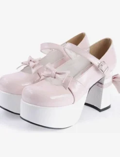 Matte Black Lolita Chunky Heels Shoes Platform Bows Decor Buckle
