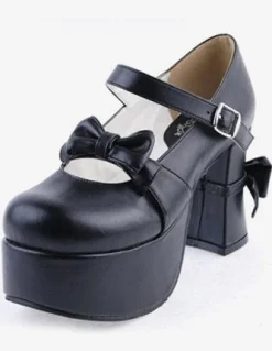 Matte Black Lolita Chunky Heels Shoes Platform Bows Decor Buckle