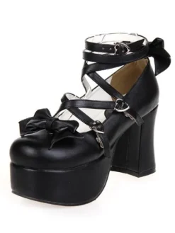 Matte Black Lolita Chunky Heels Platform Ankle Straps Bows Buckles