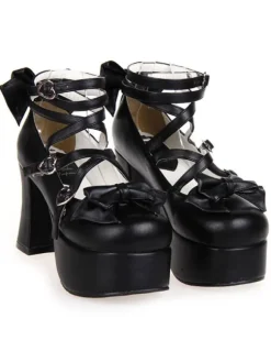Matte Black Lolita Chunky Heels Platform Ankle Straps Bows Buckles