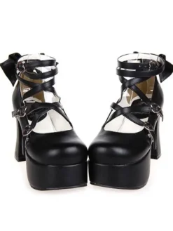 Matte Black Lolita Chunky Heels Platform Ankle Straps Bows Buckles
