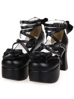 Matte Black Lolita Chunky Heels Platform Ankle Straps Bows Buckles