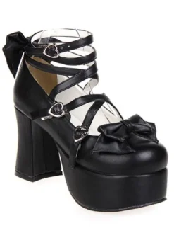 Matte Black Lolita Chunky Heels Platform Ankle Straps Bows Buckles