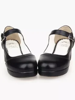 Matte Black Lolita Square Heels Shoes Mary Jane Shoes Heart Shape Buckle