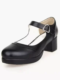 Matte Black Lolita Square Heels Shoes Mary Jane Shoes Heart Shape Buckle