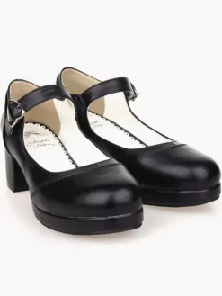 Matte Black Lolita Square Heels Shoes Mary Jane Shoes Heart Shape Buckle