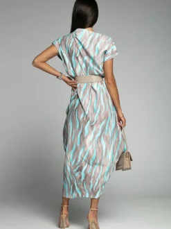 Maxi Dress Bateau Neck Short Sleeves Stripes Floor Length Dress
