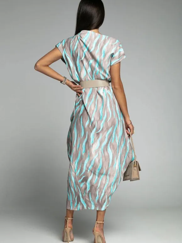 Maxi Dress Bateau Neck Short Sleeves Stripes Floor Length Dress