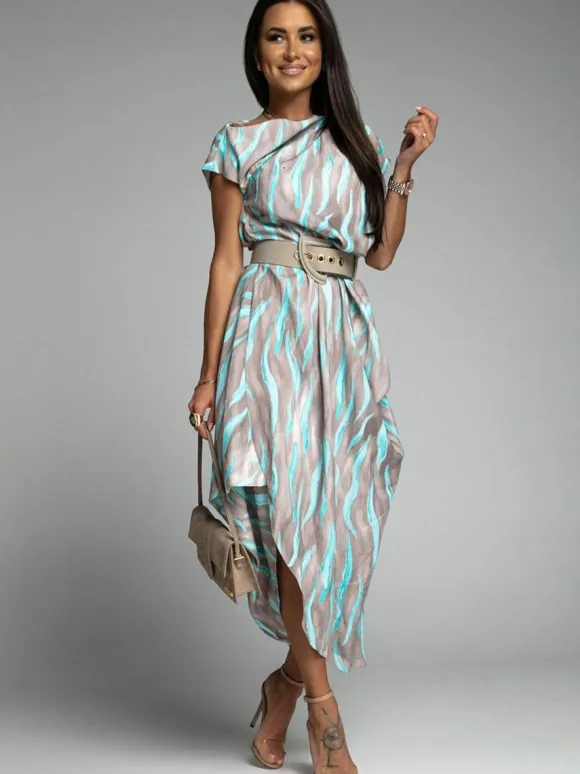 Maxi Dress Bateau Neck Short Sleeves Stripes Floor Length Dress