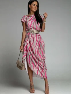 Maxi Dress Bateau Neck Short Sleeves Stripes Floor Length Dress